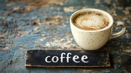 A cup of coffee with beans and latte art in a cafe atmosphere
