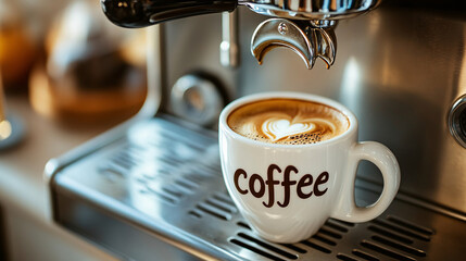 A cup of coffee with beans and latte art in a cafe atmosphere