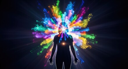 Energetic human silhouette radiating a vibrant explosion of colorful light beams, representing an inner glow, spiritual awakening, and positive energy flow against a dark, abstract background