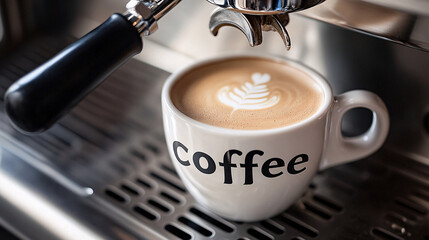 A cup of coffee with beans and latte art in a cafe atmosphere