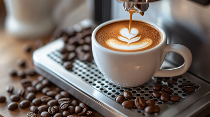 A cup of coffee with beans and latte art in a cafe atmosphere