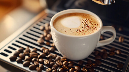 A cup of coffee with beans and latte art in a cafe atmosphere