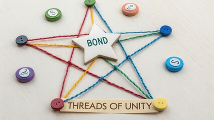 Threads of Unity connecting colorful pins in a star design