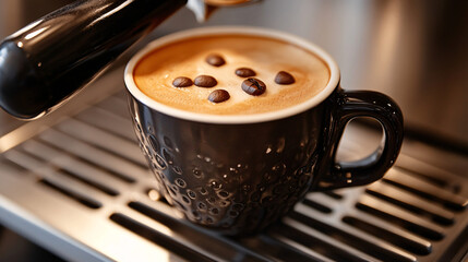 A cup of coffee with beans and latte art in a cafe atmosphere
