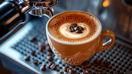 A cup of coffee with beans and latte art in a cafe atmosphere