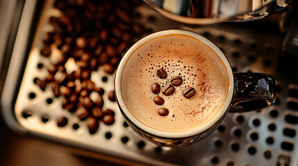 A cup of coffee with beans and latte art in a cafe atmosphere