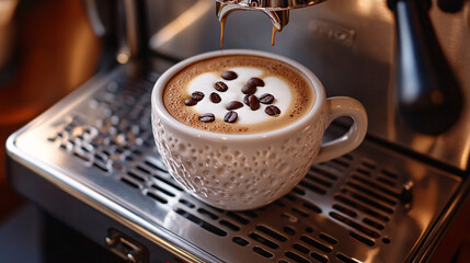 A cup of coffee with beans and latte art in a cafe atmosphere