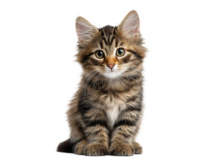 Obraz premium Cute fluffy tabby kitten sitting and looking curiously in a bright setting