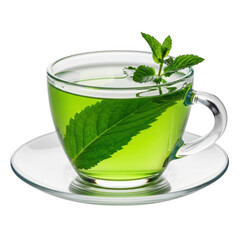 Green tea with mint leaves isolated on transparent background