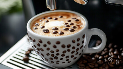 A cup of coffee with beans and latte art in a cafe atmosphere