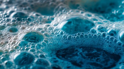 Captivating close-up reveals dynamic blue bubbles and swirling water patterns, perfect for science, health, or abstract visual concepts