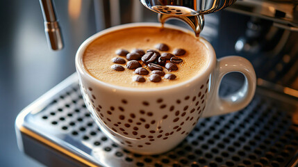 A cup of coffee with beans and latte art in a cafe atmosphere