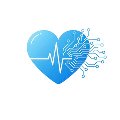 Blue heart with electrocardiogram and circuit board, isolated on transparent background