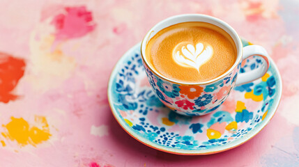 A cup of coffee with beans and latte art in a cafe atmosphere