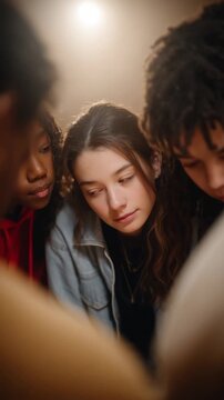 Friends engaged in thoughtful discussion under soft ambient light