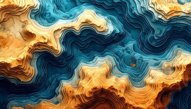 A captivating digital art piece showcases layered topographic forms, blending deep blues and warm golden hues to create a mesmerizing visual landscape.
