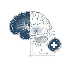 Abstract brain illustration with medical cross isolated on transparent background