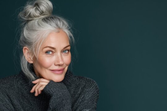 Elegant senior woman with silver hair in a dark knit sweater, serene and thoughtful portrait