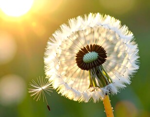 A detailed close-up of a dandelion seed head, showcasing its delicate, fluffy structure against a soft, golden sunset backdrop.
