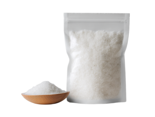Salt in a clear bag with a wooden bowl full of salt on a white background