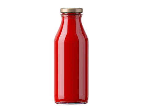 Red glass bottle filled with vibrant sauce, showcasing its glossy appearance and simple design on a clean surface