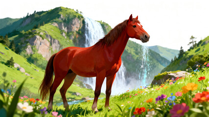 A majestic red horse standing in a lush green meadow with a waterfall in the background