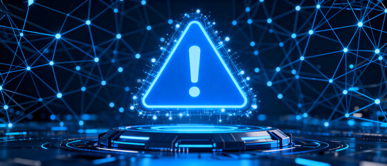 Blue Warning Triangle with Digital Network Background