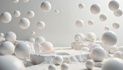 Minimalist cosmetic mockup with glossy white spheres floating in soft environment. Advertising template with clean white floating balls ideal for showcasing cosmetic, skincare, luxury product branding