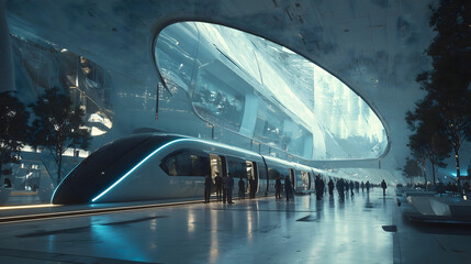 Futuristic train station with modern architecture, advanced high speed train and people waiting, concept of future public transportation and smart urban mobility.
