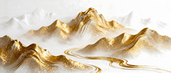 Golden and white abstract mountain landscape with flowing lines