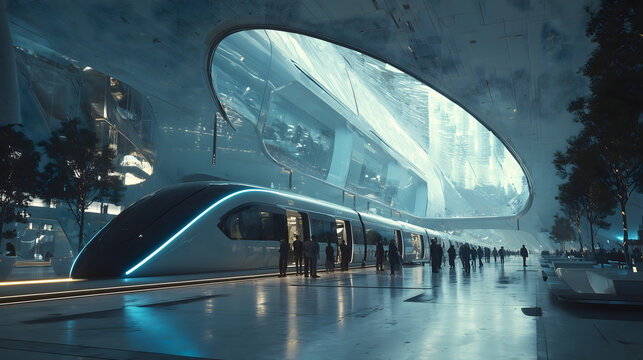 Futuristic train station with modern architecture, advanced high speed train and people waiting, concept of future public transportation and smart urban mobility.
