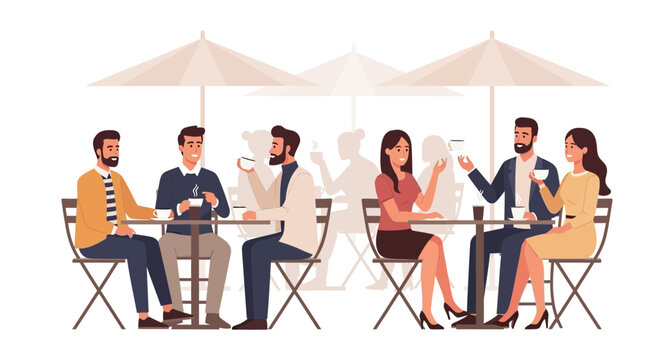 People enjoying coffee and conversation at an outdoor cafe with sun umbrellas - Powered by Adobe