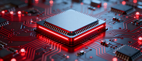 Close-up of a modern microprocessor on a circuit board with red lights