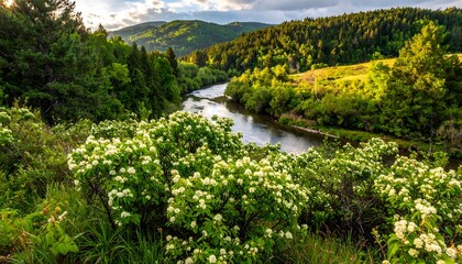 Fototapeta premium Serene river valley scene showcases lush greenery, a flowing river, and a profusion of blooming white flowers.