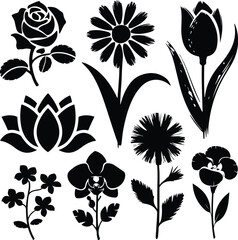 Hand Drawn Flower Brush Silhouette Collection Floral Brush Icon Silhouette Design Set