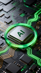 Close-up view of AI chip on circuit board with green glowing lines