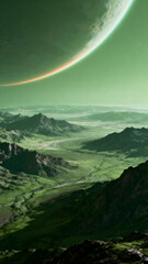 A breathtaking view of an alien landscape with a large planet in the sky