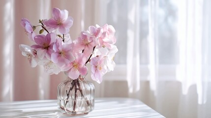 Delicate pink cherry blossoms elegantly arranged in a clear glass vase, casting soft shadows on a bright, airy surface near sheer curtains, evoking spring's gentle beauty and serene ambiance.