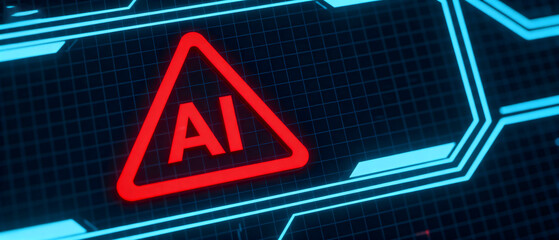 Red AI warning sign on a futuristic digital background