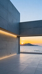 Modern concrete building with a stunning ocean sunset view