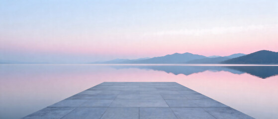 Peaceful Pier Over Calm Water at Dusk with Distant Mountains