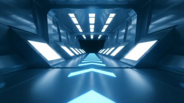 Futuristic Cyber Tunnel with Glowing Blue Arrows Guiding the Path