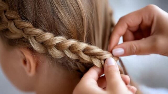 Closeup of skilled hands braiding hair: stepbystep guide to crafting elegant hairstyle
