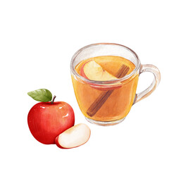 Watercolor Apple cider, with apple slices and cinnamon stick clipart