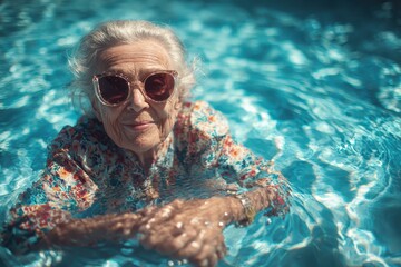 Fototapeta premium Elderly woman enjoys a refreshing swim in a sparkling blue pool surrounded by tranquility and sunshine on a warm summer day