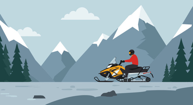 Snowmobile rider enjoying an adventure in a mountain pass with stunning scenery - Powered by Adobe