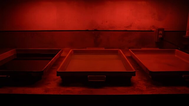 Red lit darkroom with three chemical trays for film processing