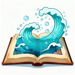 Open book with ocean waves and bubbles emerging, symbolizing imagination, creativity, and storytelling