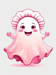 Cute smiling ghost character in pink dress with frilly bonnet on white background