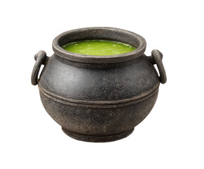 A bubbling green potion in a rustic, dark cauldron with handles, isolated on a transparent...